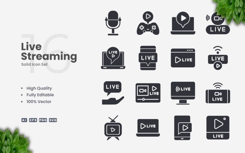 16 Live Streaming Solid Icon Set