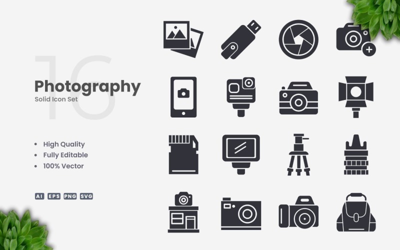 16 Photography Solid Icon Set