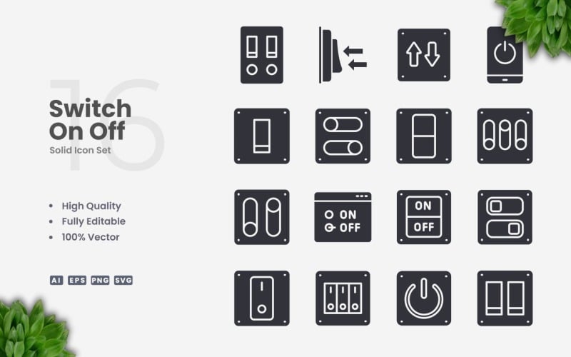 16 Switch On Off Solid Icon Set