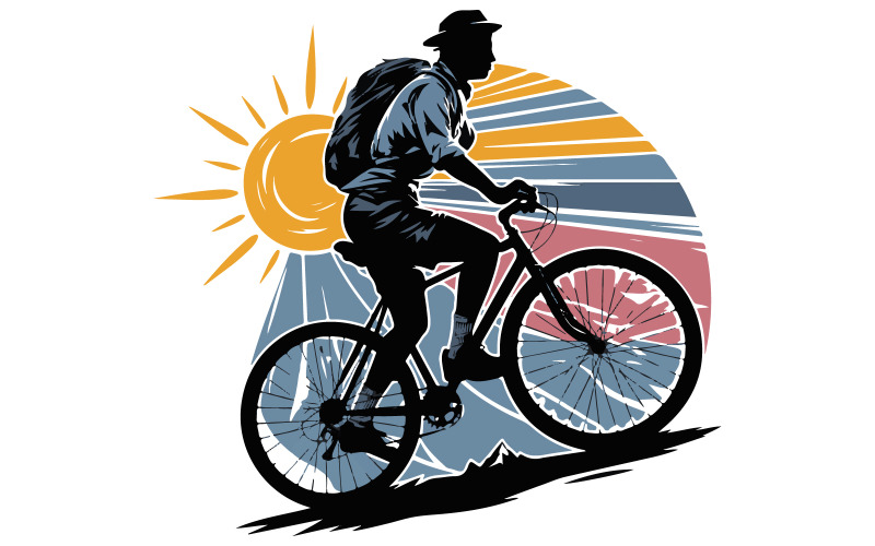 A vector t-shirt design with a silhouette of a person hiking and biking