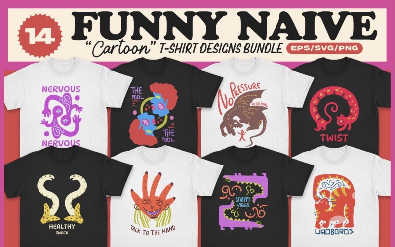 Grappige Naïeve Cartoon T-shirt Ontwerpen Bundel