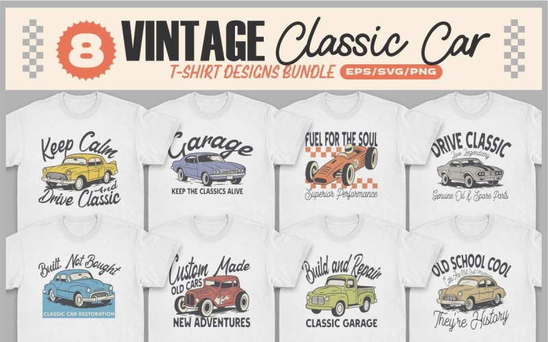 Paquete de diseños de camisetas de coches clásicos de época