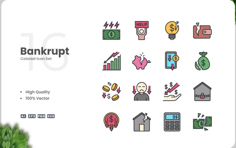 16 Bankrupt Color Icon Set