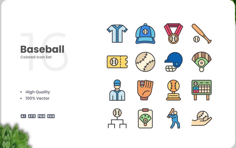 16 Baseball Color Icon Set