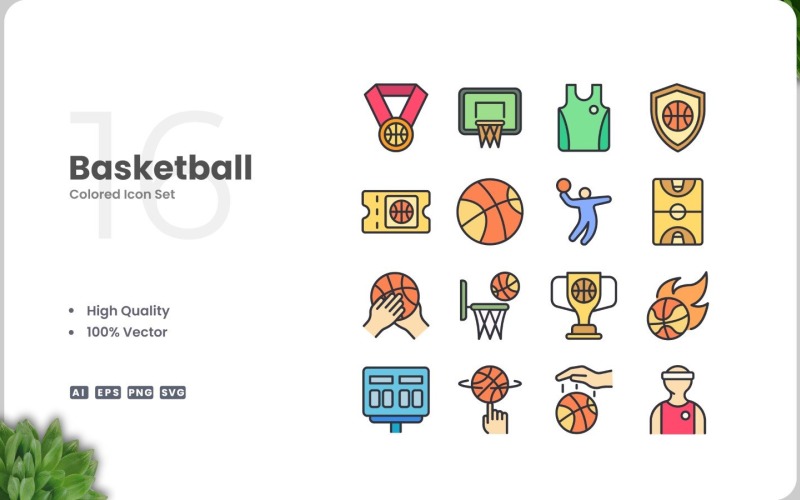 Ensemble de 16 icônes de couleurs de basket-ball