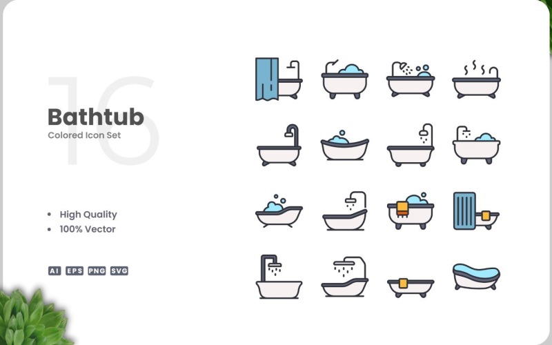 16 Bathtub Color Icon Set