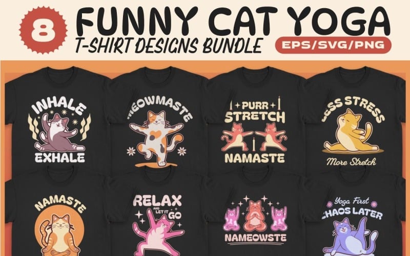 Lot de modèles de t-shirts de yoga amusants avec chat