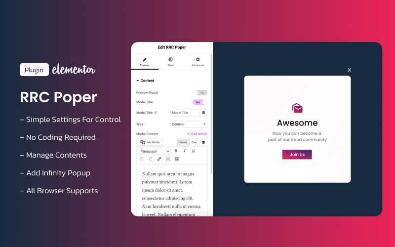 RRC Poper Addon For Elementor