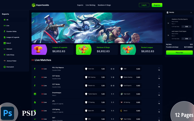 Esportsodds - Esports Betting Gambling PSD шаблон