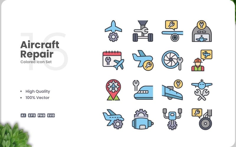 16 Aircraft Repair Icon Color Set