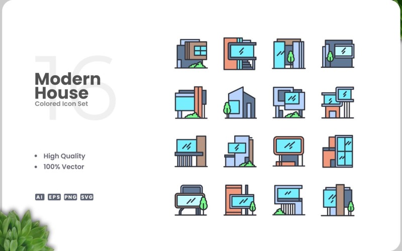 16 Modern House Icon Color Set