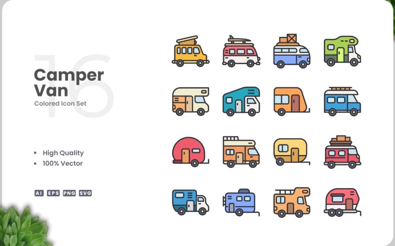 16 Camper Van Icon Color Set