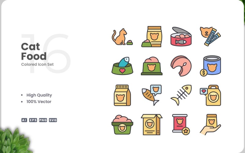 16 Cat Food Icon Color Set