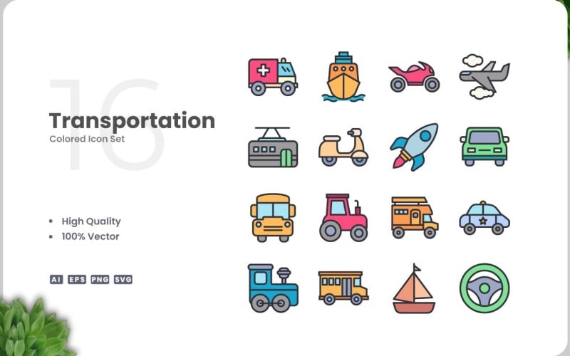 16 Transportation Icon Color Set