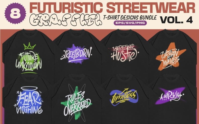 Futuristisches Streetwear-Graffiti-T-Shirt-Design-Paket Vol. 4