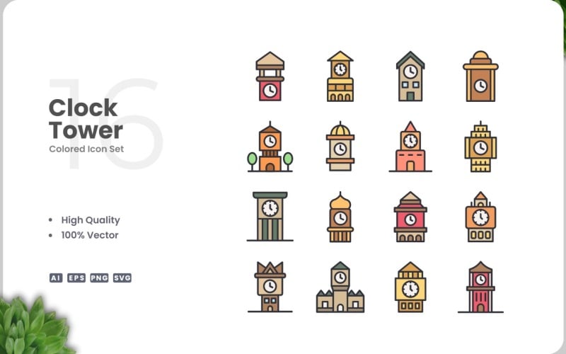 16 Clock Tower Icon Color Set