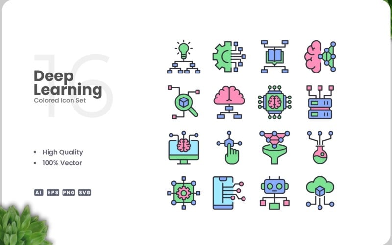 16 Deep Learning Icon Color Set