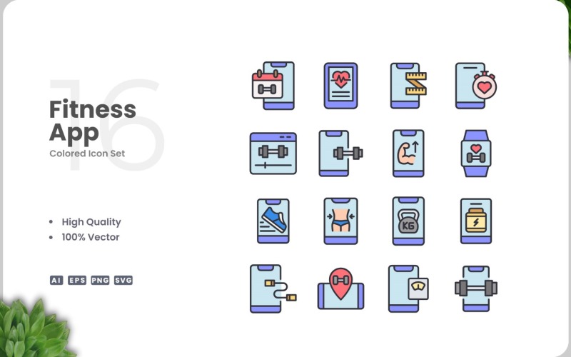 Ensemble de 16 couleurs d'icônes d'applications de fitness
