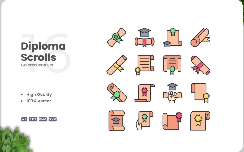 16 Diploma Scrolls Icon Color Set