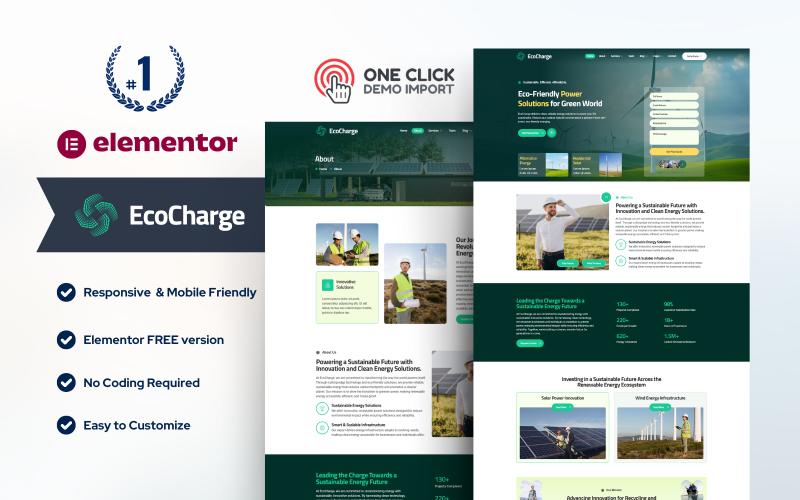 Echo Charge — Groene, hernieuwbare energie WordPress Elementor-sjabloon