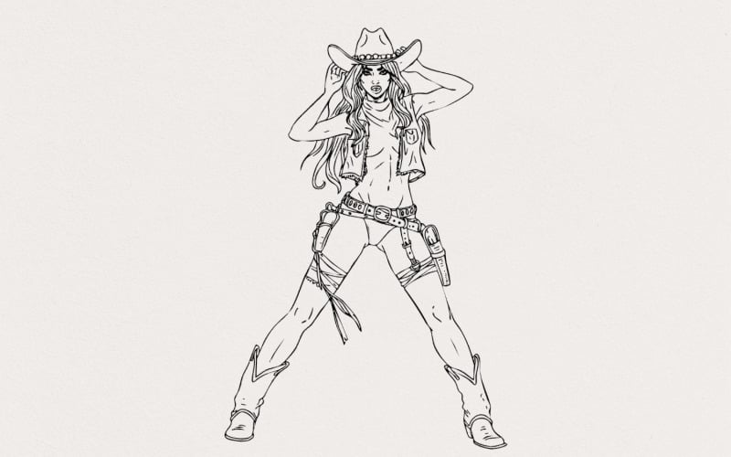 Bold Cowgirl Stance PNG, Western Action Art, Női divattervezés pólókhoz, Country Classic