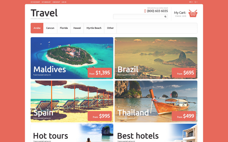 Tema responsivo do Magento para agências de viagens