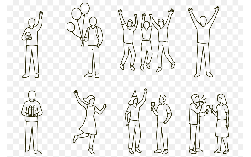 Minimalist Line Art of People Celebrating Party & Festive Moments Vector Set
