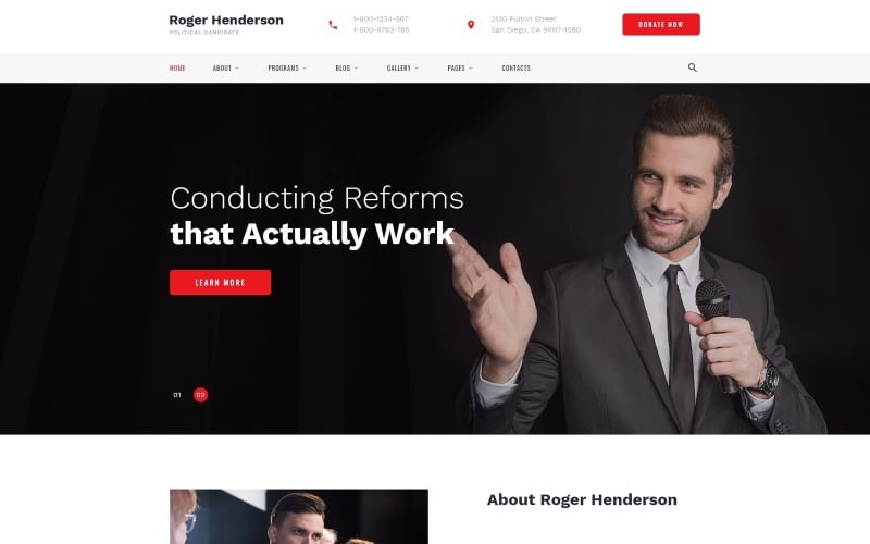罗杰·亨德森-政治候选人经典的多页HTML网站模板