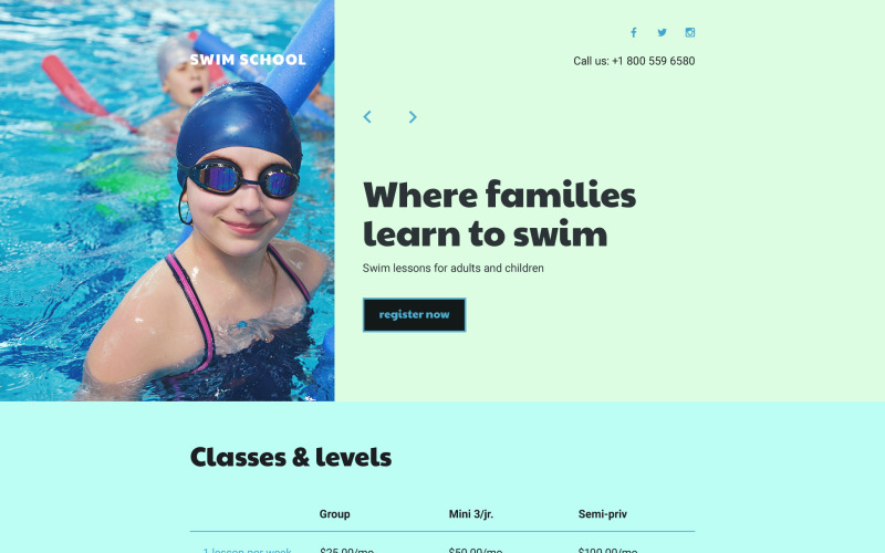 Modelo de página inicial responsiva da escola de natação
