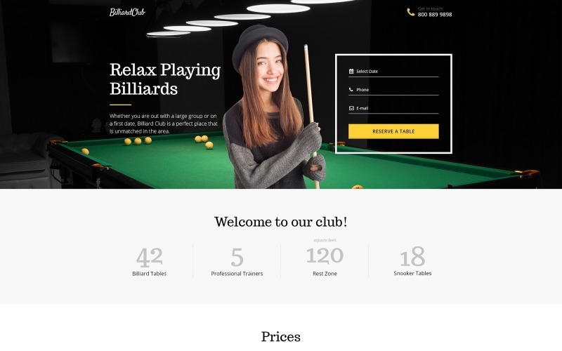 Responsive Landing Page-Vorlage für Billard