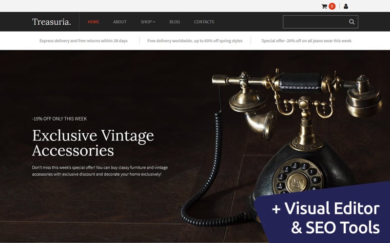 Treasuria - Modello di e-commerce MotoCMS per negozio di antiquariato