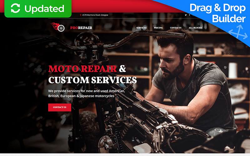 工厂página de destino de MotoCMS 3 de empresa de reparación de motocicletas