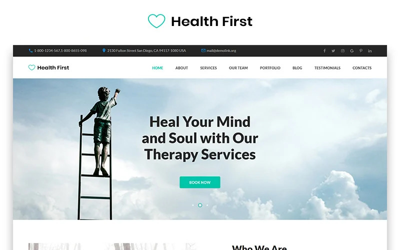 Modelo de página inicial do Health First - Instituição de saúde mental calma