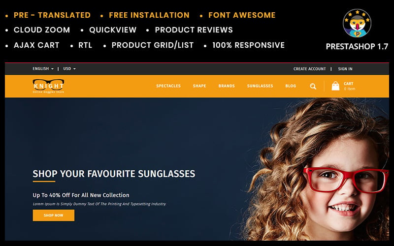 Tema de PrestaShop de Knight Online Goggles Store