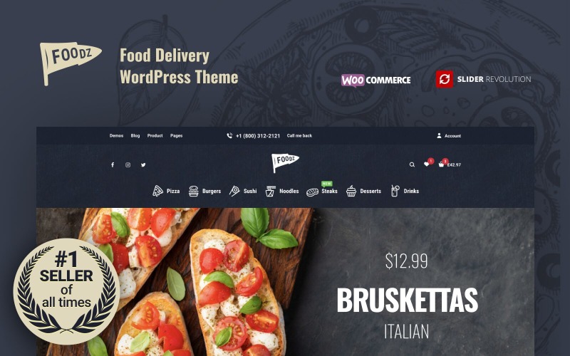 Foodz - Pizza, sushi, snabbmatsleverans & restaurang WooCommerce-tema