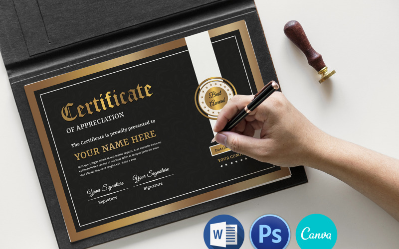 Modello di certificato nero e oro, PSD, Word e Canva