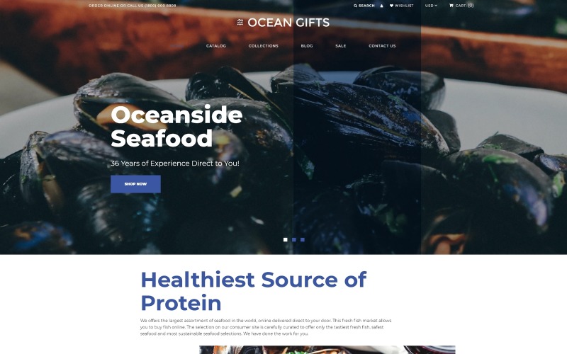 Tema Shopify moderno del negozio di articoli da regalo sull'oceano e frutti di mare