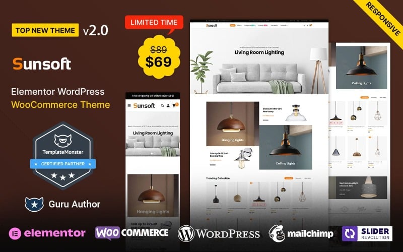 Sunsoft – Elementor WooCommerce-Theme für Beleuchtung, Dekor und Möbel