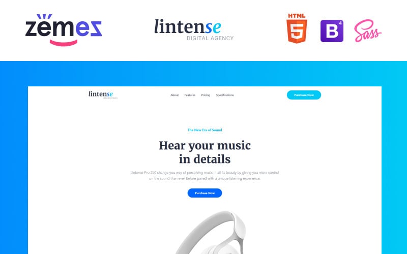 Fones de ouvido Lintense - modelo de página de destino em HTML limpo para loja de eletrônicos