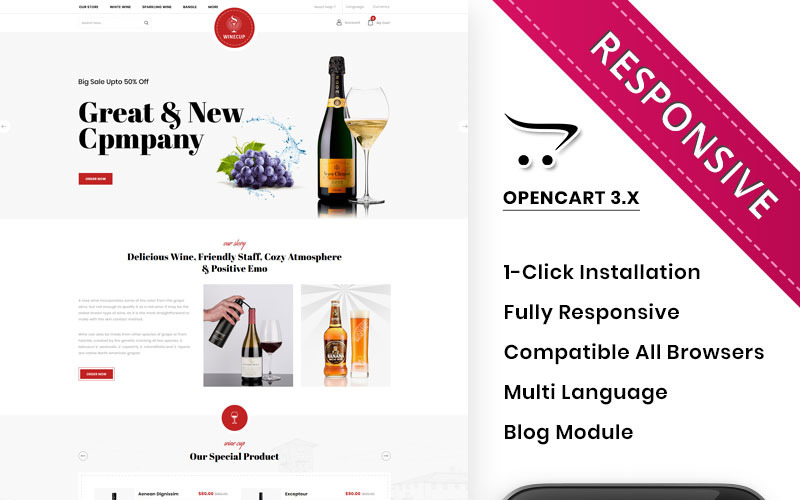 Winecup -酒精商店的OpenCart模板
