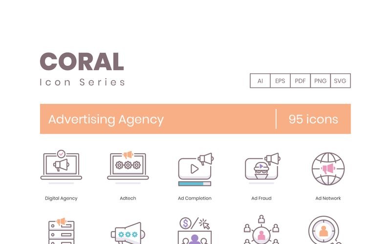 95 icônes d'agence de publicité - ensemble de série corail