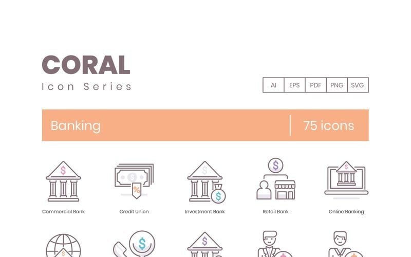 75 Banking Icons - Coral Series Set