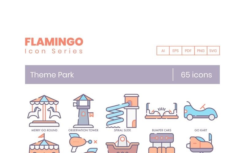 65 icônes de parc à thème - Ensemble de la série Flamingo