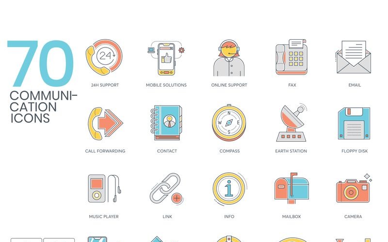 70 iconos de comunicación - conjunto de serie de línea de color