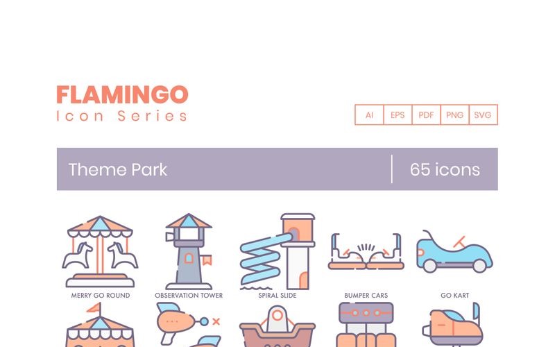 65 iconos de parques temáticos - conjunto de la serie Flamingo