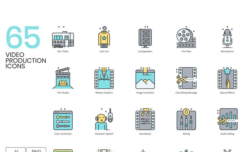 65 iconos de producción de vídeo: conjunto de la serie Aqua