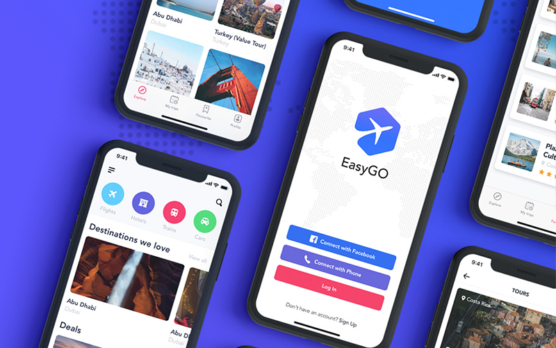 EasyGo – Travel App mobilalkalmazás felhasználói felület elemei