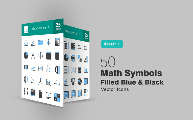 50 matematikai szimbólum töltött kék és fekete ikonkészlet