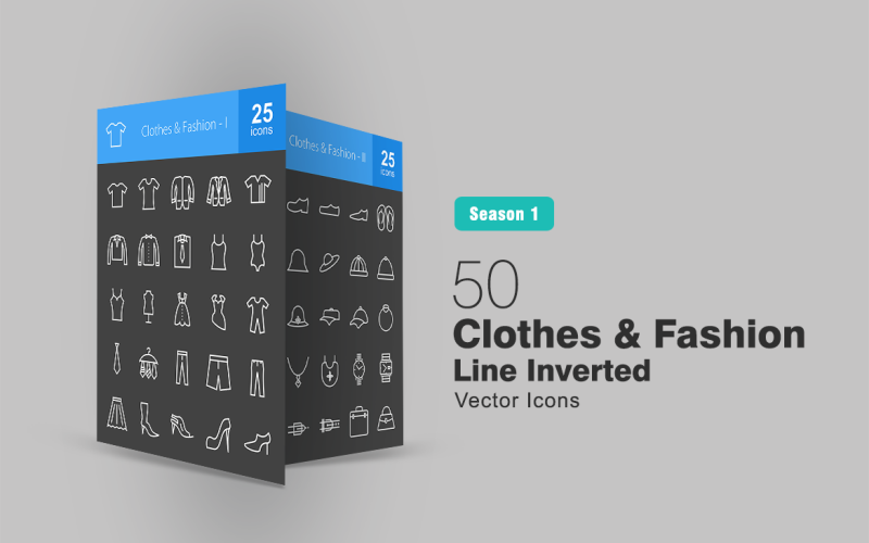Set di 50 icone invertite di abbigliamento e moda