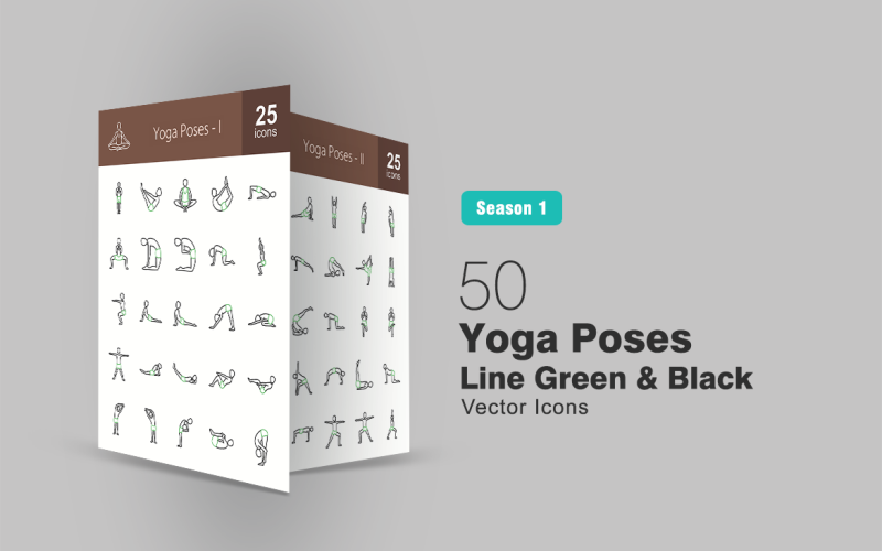 50个瑜伽姿势绿线 & Black Icon Set